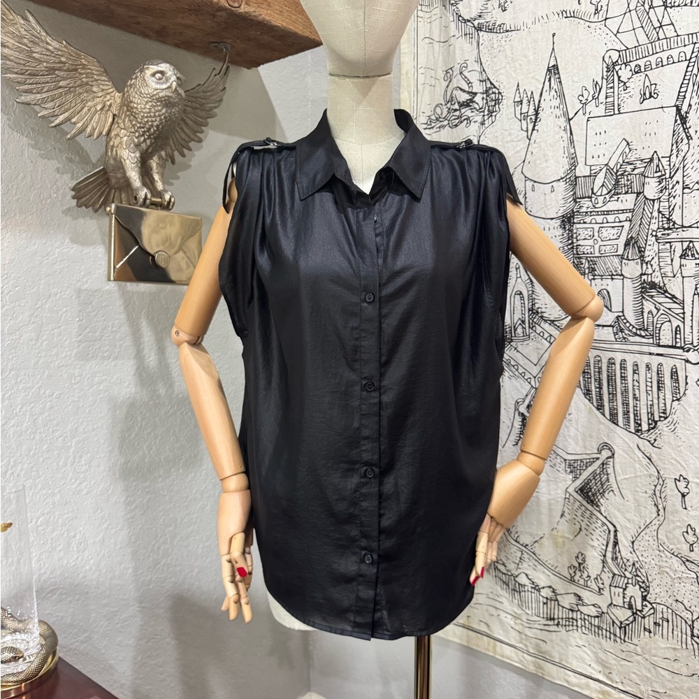 Wet Look Black Sleeveless Blouse